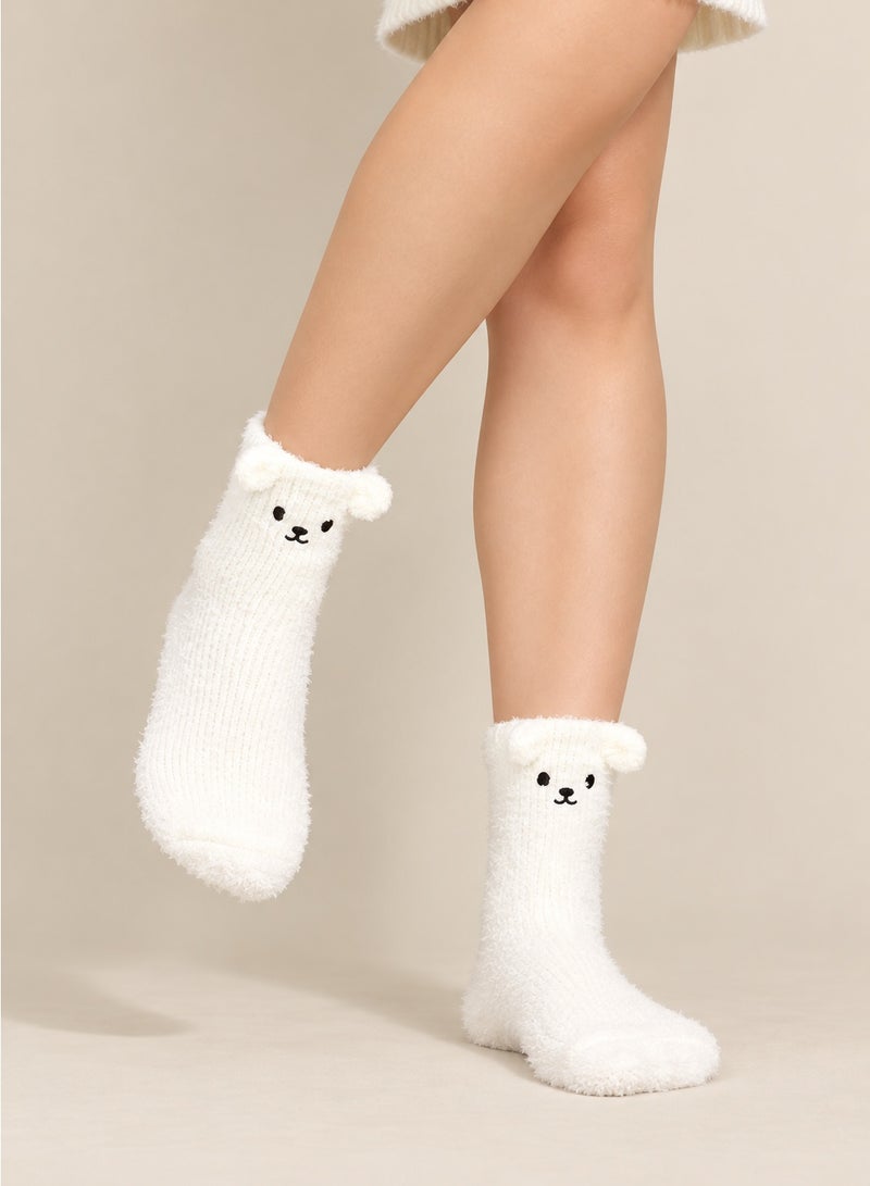 Fuzzy Socks for Ladies Winter Soft Plush Ankle Socks with Cute 3D White Bear Ears, Cozy Warm Slipper Socks for Women, Home and Bed, Cream White, Size 36-39 - Image 1