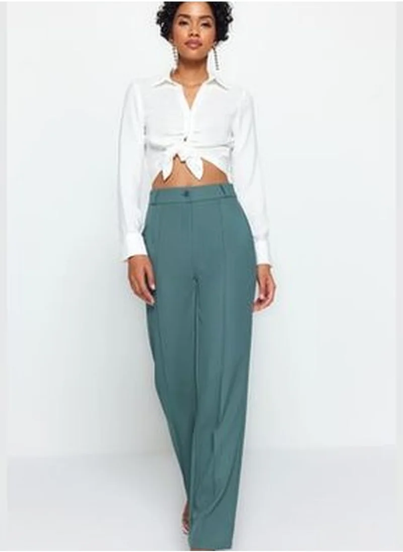 trendyol Dark Green Straight High Waist Rib Stitched Woven Trousers TWOSS21PL0093