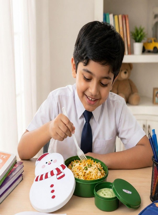 PLAST BOY علبة غداء للأطفال من بلاست بوي | علبة طعام بتصميم مهرج مع شوكة | علبة غداء بقسمين للأولاد والبنات في المدرسة | بلاستيك آمن غذائياً، خفيف الوزن ومتين (تصميم رجل الثلج) - Image 2