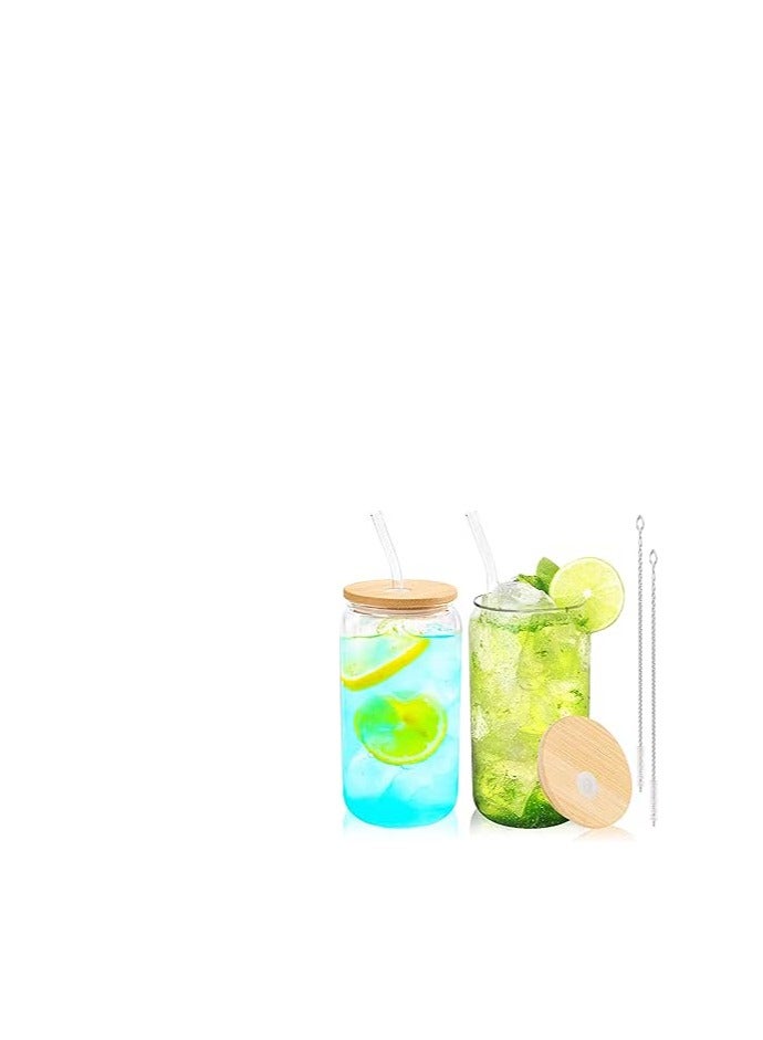 Joyclub 2-Pack 16oz Glass Cups with Bamboo Lids & Reusable Straws – Beer Can Shaped Iced Coffee Glasses for Smoothie, Boba, Soda, Tea, Whiskey – Eco-Friendly Gift Set  - Image 1