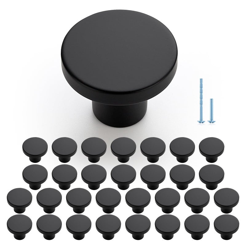 JOY DECOR 30 Pack Black Cabinet Knobs, Matte Black Kitchen Cabinet Knobs, 1-1/5 Inch Round Drawer Pulls, Kitchen Hardware for Dresser Drawers Closets - Image 1