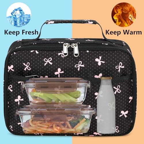 LEDAOU Lunch Box Kids Insulated Lunch Bag Girls Toddler Reusable Lunchbox for School Picnic Hiking (Black-Pink Bow) - Image 5