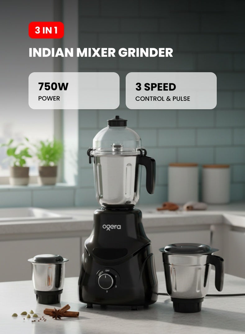 أوجيرا خلاط كهربائي 750 واط | 3 سرعات مع خاصية النبض | 3 أوعية من الفولاذ المقاوم للصدأ | محرك قوي لطحن التوابل والصلصات | OG5009GM أسود | ضمان لمدة عامين - Image 1