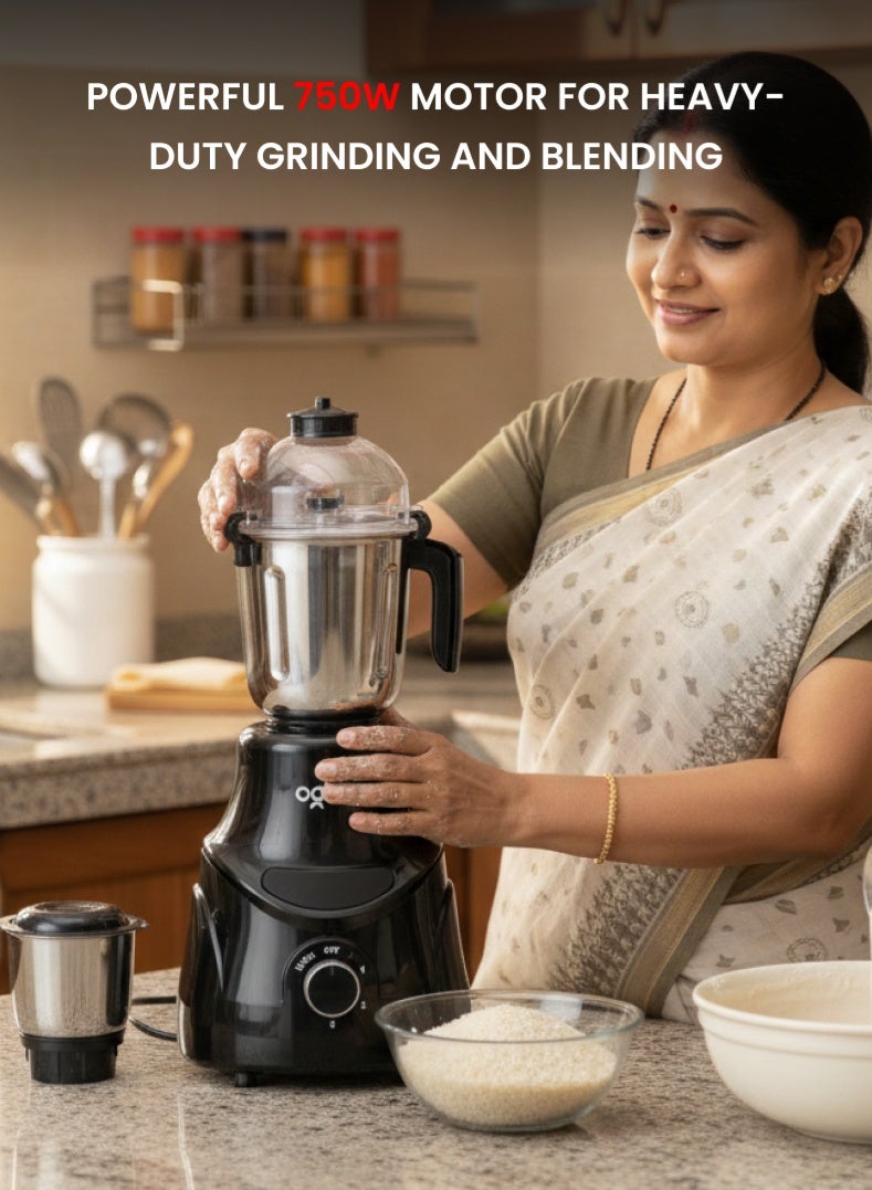 أوجيرا خلاط كهربائي 750 واط | 3 سرعات مع خاصية النبض | 3 أوعية من الفولاذ المقاوم للصدأ | محرك قوي لطحن التوابل والصلصات | OG5009GM أسود | ضمان لمدة عامين - Image 2