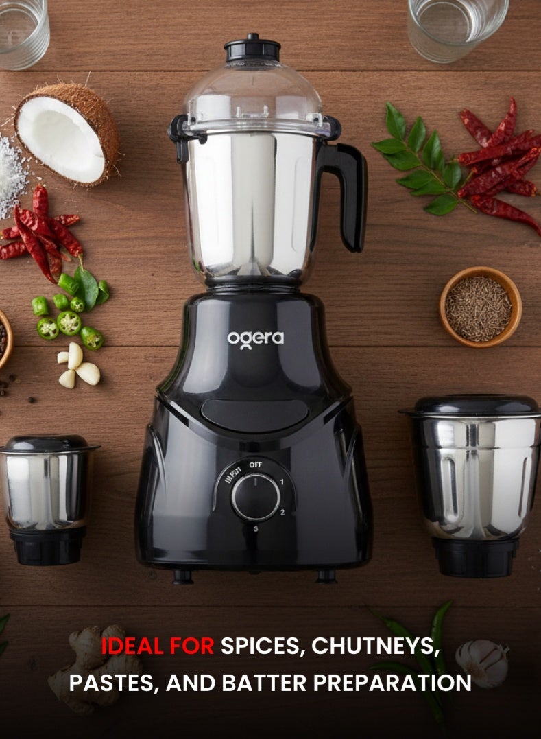 أوجيرا خلاط كهربائي 750 واط | 3 سرعات مع خاصية النبض | 3 أوعية من الفولاذ المقاوم للصدأ | محرك قوي لطحن التوابل والصلصات | OG5009GM أسود | ضمان لمدة عامين - Image 5