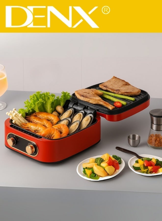 Denx Electric Cooking Pot – 3-in-1 Multi-Functional Electric Cooker and Grill by DENX, Model DX3421 – 1800W Power, 2.5L Capacity, Die-Cast Aluminum Surface, Non-Stick Coating, Adjustable Temperature Control, Sauce Tray, Elegant Design for Home Cooking or Camping. - Image 1