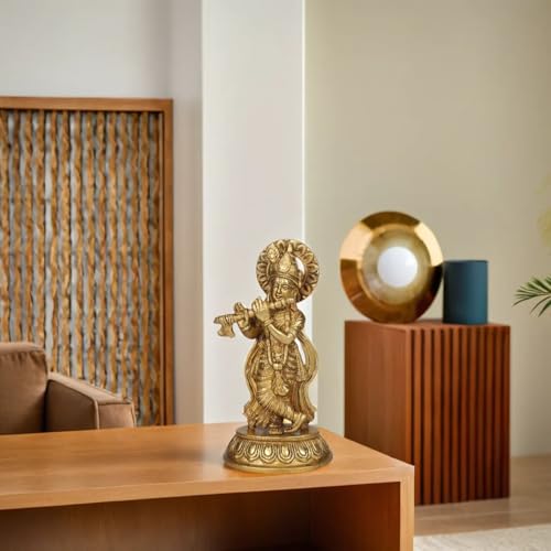 Kartique Brass Krishna Idol – 8.5 Inches Height, Ideal for Home Décor and Worship in Gold Color - Image 2