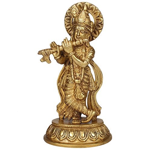 Kartique Brass Krishna Idol – 8.5 Inches Height, Ideal for Home Décor and Worship in Gold Color - Image 1