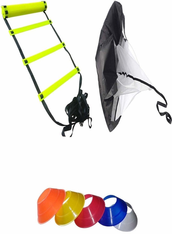 YMD Combo Agility Adjustable Speed Ladder 4 mtr. with 10 Rung, Speed Parachute for Running Purpose, Football Saucer Cone Small Size Set of 20 Speed Ladder (Multicolor) - Image 1