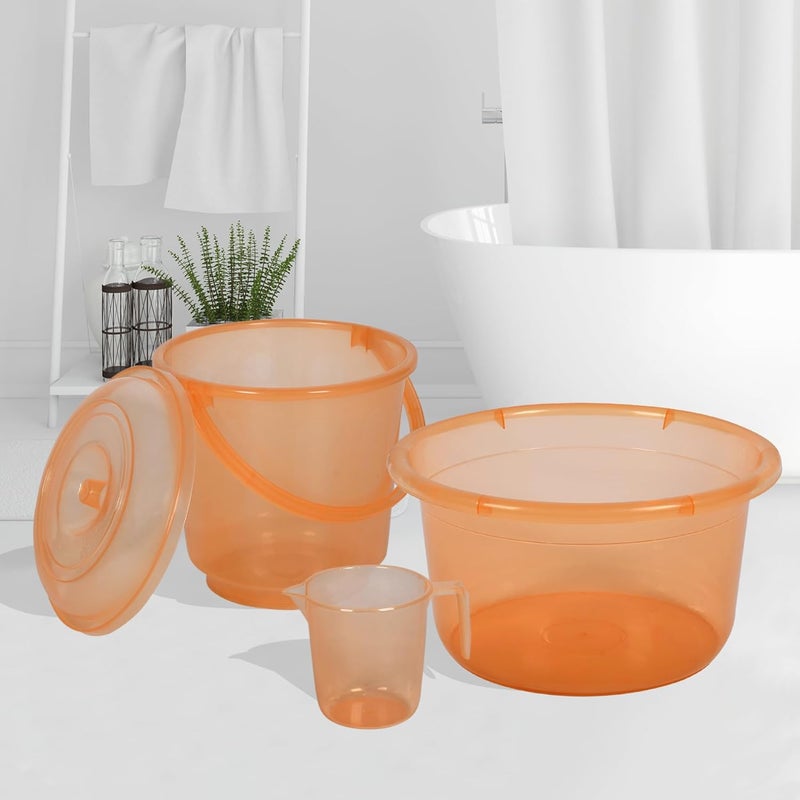 Urbane Home Urbane Home Set of 3 Bathroom Combo Set Tub25 L with Bucket13 L Mug1100 ml Bathing Set for Bathroom Modern Bathroom Accessories Set Bathing Combo Set Transparent Orange  - Image 1
