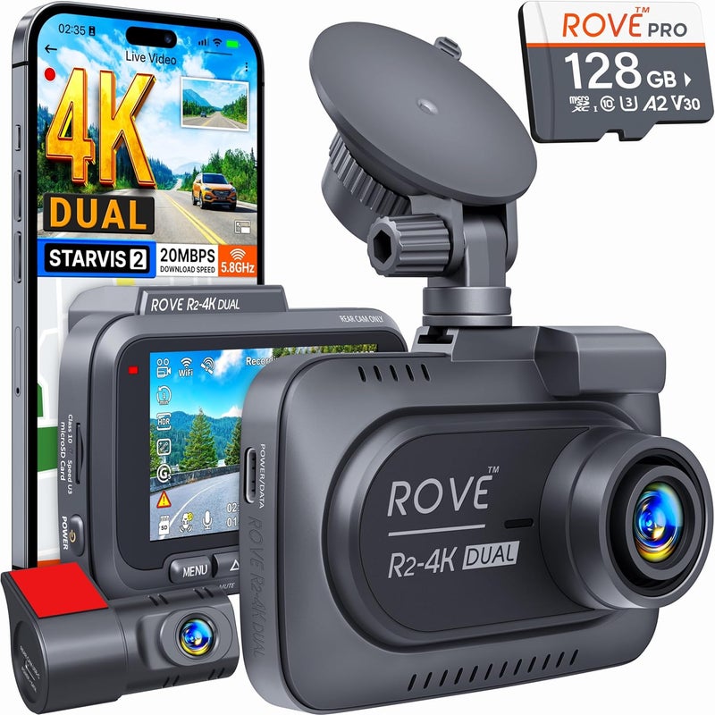 ROVE R2-4K DUAL Dash Cam with Front and Rear Cameras, STARVIS 2 Sensor, 128GB Card, 5G WiFi - Image 1