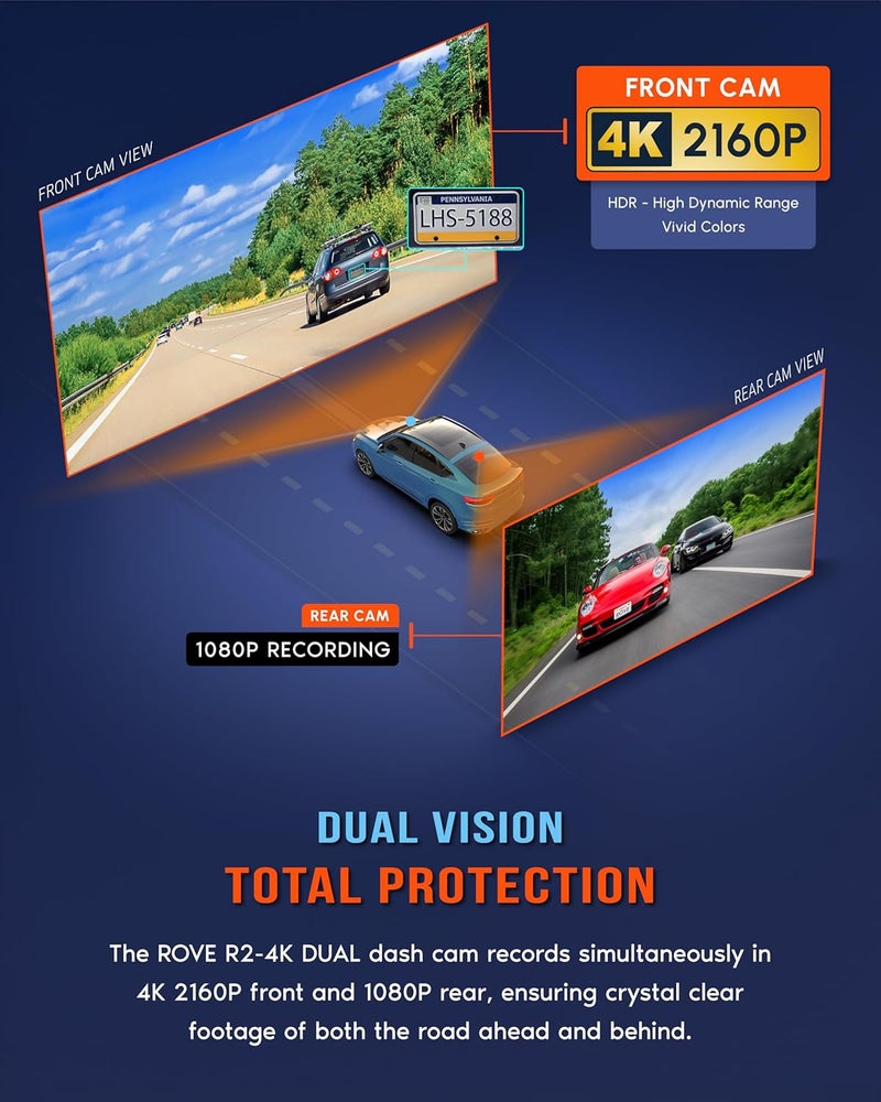 ROVE R2-4K DUAL Dash Cam with Front and Rear Cameras, STARVIS 2 Sensor, 128GB Card, 5G WiFi - Image 3