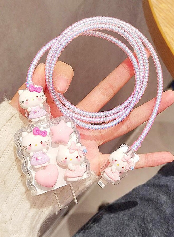 هالو كيتي 5 قطع من جراب شاحن Hello Kitty اللطيف، واقي كابل لشاحن iPhone، جراب كابل بيانات USB، واقي كابل سلكي، واقي شاحن الهاتف للنساء والفتيات - Image 1