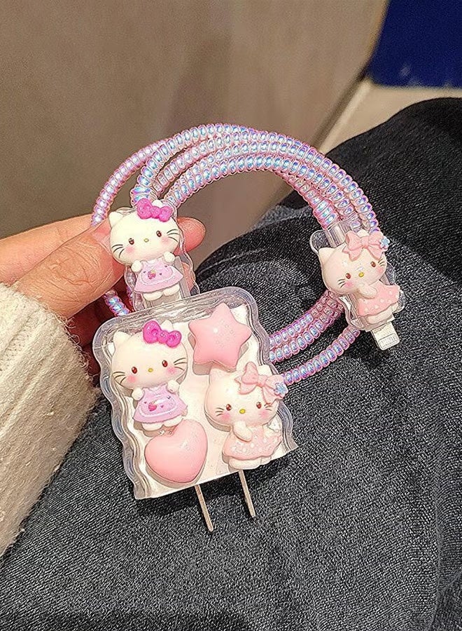 هالو كيتي 5 قطع من جراب شاحن Hello Kitty اللطيف، واقي كابل لشاحن iPhone، جراب كابل بيانات USB، واقي كابل سلكي، واقي شاحن الهاتف للنساء والفتيات - Image 3