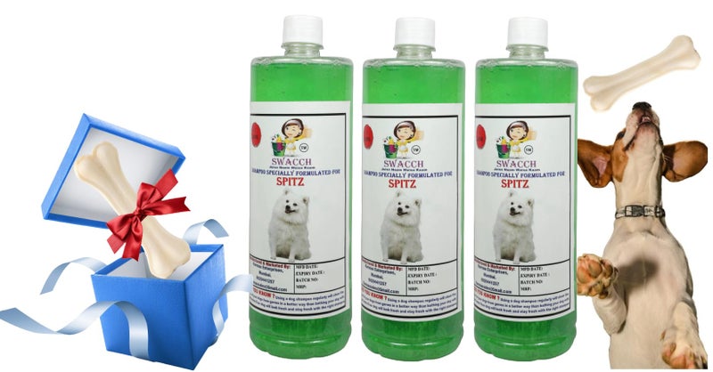 swacch Shampoo | Puppy Safe Shampoo | Spitz Dog Shampoo (1 Litre) (Pack of 3) Neem Alovera + Large White Bone | Dog Chew Bones | Teething chew Toy | Dental Teething |Combo Pack - Image 1