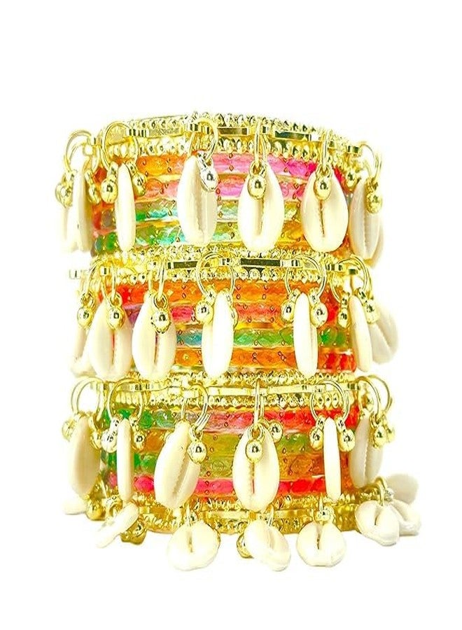 BANGLESKART مجموعة بانغلسكارت المكونة من 16 قطعة من الأساور الكشميري غونغرو اللامعة، وأصداف الكاوري، والزجاج، وشوري، ومجوهرات الحناء للنساء (متعددة الألوان، مجموعة واحدة ليد واحدة، 2.10) - Image 3