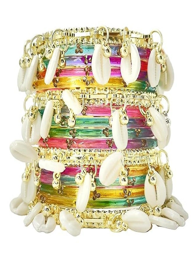BANGLESKART مجموعة بانغلسكارت المكونة من 16 قطعة من الأساور الكشميري غونغرو اللامعة، وأصداف الكاوري، والزجاج، وشوري، ومجوهرات الحناء للنساء (متعددة الألوان، مجموعة واحدة ليد واحدة، 2.10) - Image 2