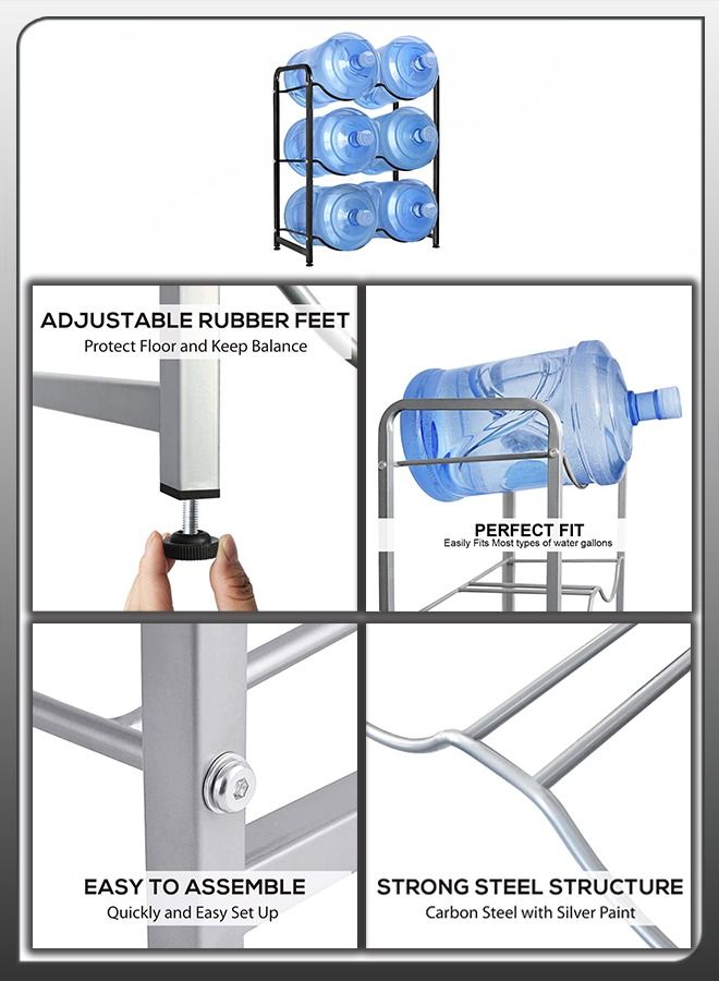 DBLEW 6 Bottles Storage Rack 3 Tier Reinforced Carbon Steel Heavy Duty 5-Gallon Water Cane Jug Holder Cooler Organizer Shelf For Home Kitchen Office Garages Restaurant Gym Stand Shelves - Image 2