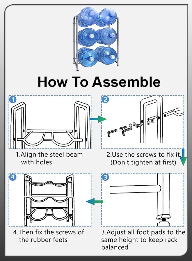 DBLEW 6 Bottles Storage Rack 3 Tier Reinforced Carbon Steel Heavy Duty 5-Gallon Water Cane Jug Holder Cooler Organizer Shelf For Home Kitchen Office Garages Restaurant Gym Stand Shelves - Image 5
