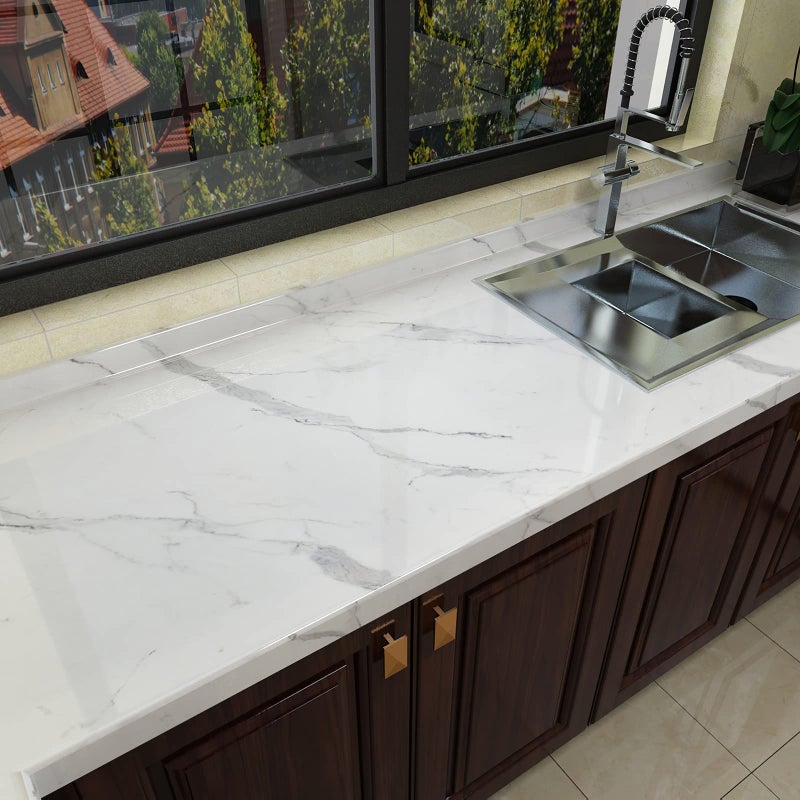 HOLOMEY Marble Contact Paper for Countertops Cabinets Waterproof 31x157 inch Glossy Marble Peel and Stick Wallpaper Self-Adhesive Counter Top Vinyl Wrap Removable Marble Wallpaper for Kitchen Bathroom - Image 3
