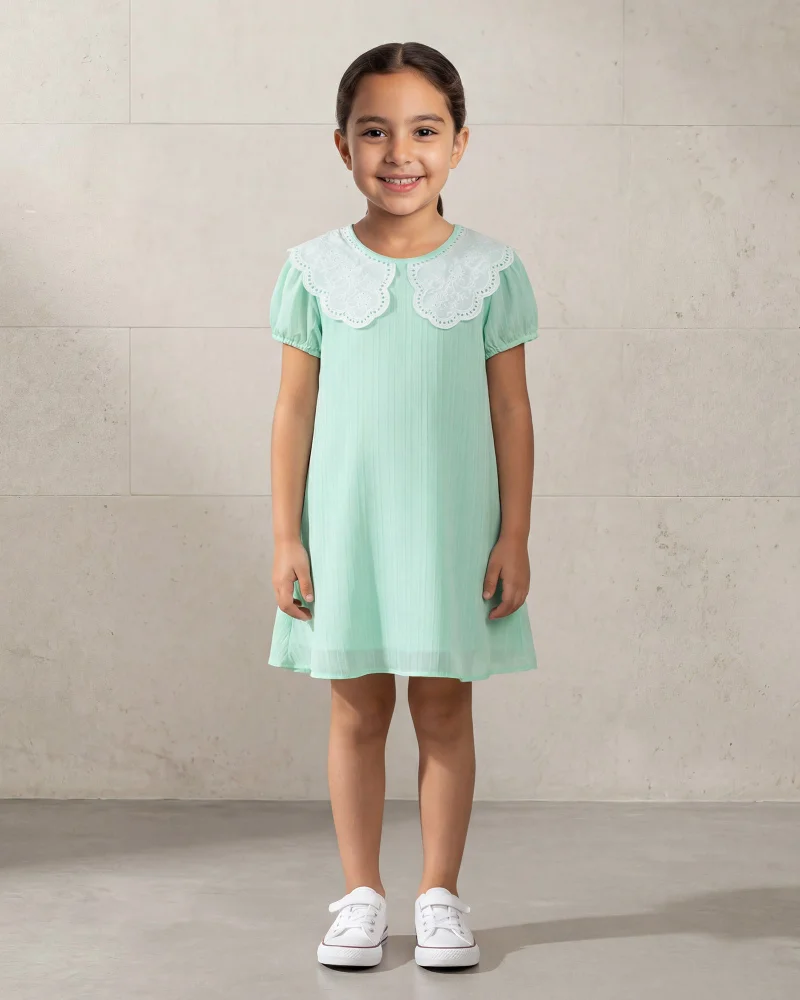 Redtag Girls Green Lace Neck Sleeveless Dress