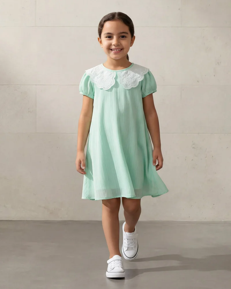 Redtag Girls Green Lace Neck Sleeveless Dress