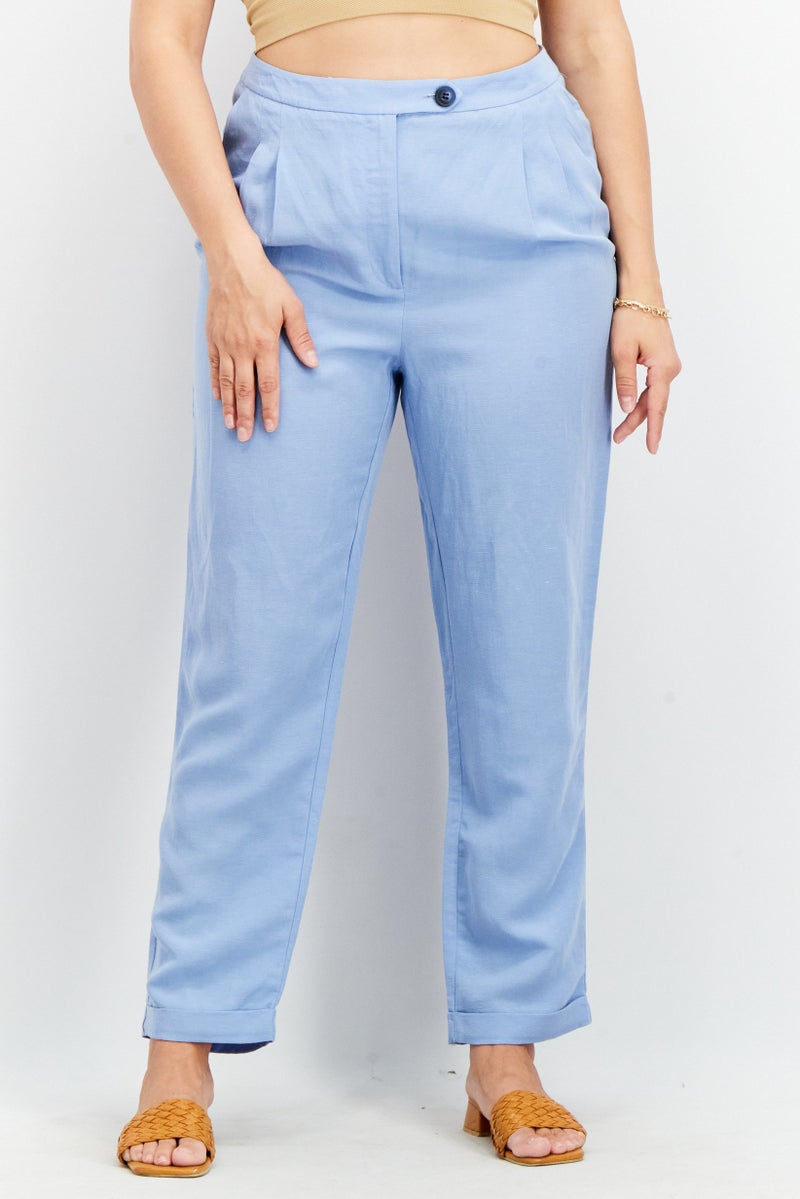 Tchibo Women Regular Fit Plain Pleated Trouser, Light Blue - Image 1