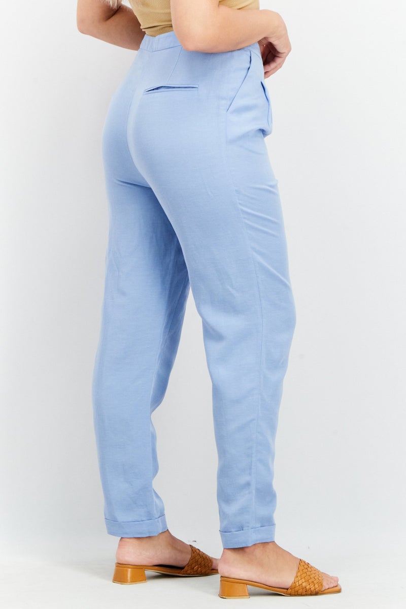 Tchibo Women Regular Fit Plain Pleated Trouser, Light Blue - Image 4