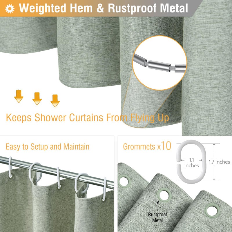 BTTN 60 Inch Stall Fabric Shower Curtain - Linen Textured Heavy Duty Shower Curtain Set with 10 Plastic Hooks  Narrow Waterproof Decorative Bath Curtains for Bathroom and Bathtubs - 60x72 - Sage Green - Image 3