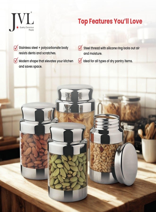 JVL Stainless Steel Classic Canister Set of 4, Airtight, Rust resistant Durable Food-Grade Kitchen Storage Containers for Spices, Pulses, Snacks & More (1100 ML) - Image 4