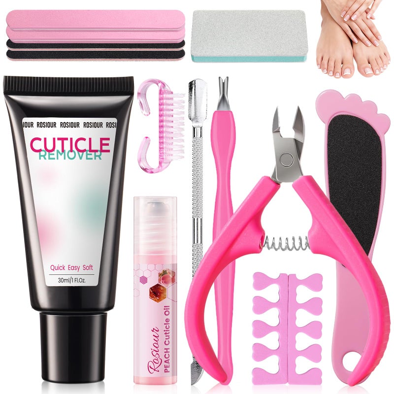 Rosiour Cuticle Remover Kit: 13Pcs Manicure Pedicure Kit with Cuticle Remover Cream & Oil, Cuticle Trimmer, Cuticle Pusher, Foot File, Nail File and Buffer Set, Perfect for Womenâ€™s Home & Salon Nail Care Prep - Image 1