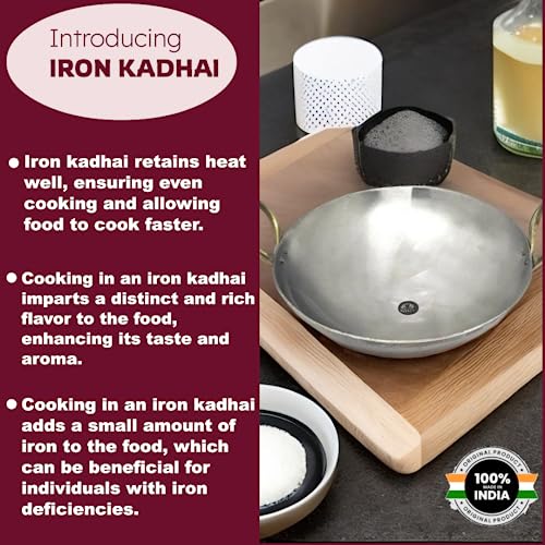 NYRA® Pure Original Loha Kadhai/Iron Traditional Deep Bottom Wok for Cooking Heavy Base Handmade Lokhand/Heavy Bottom/Lokhandi Kitchen with Golden Handle (Extra Large - 4 LTR) - Image 4