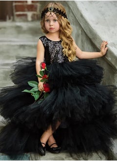 Daddy's Angel Flower Girls Sequin Tulle Princess Pageant Dress for Wedding Pearls Prom Ball Gowns High Low Heart Back less Neck Black  - Image 1