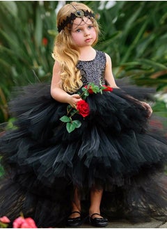 Daddy's Angel Flower Girls Sequin Tulle Princess Pageant Dress for Wedding Pearls Prom Ball Gowns High Low Heart Back less Neck Black  - Image 2