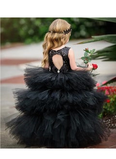 Daddy's Angel Flower Girls Sequin Tulle Princess Pageant Dress for Wedding Pearls Prom Ball Gowns High Low Heart Back less Neck Black  - Image 3