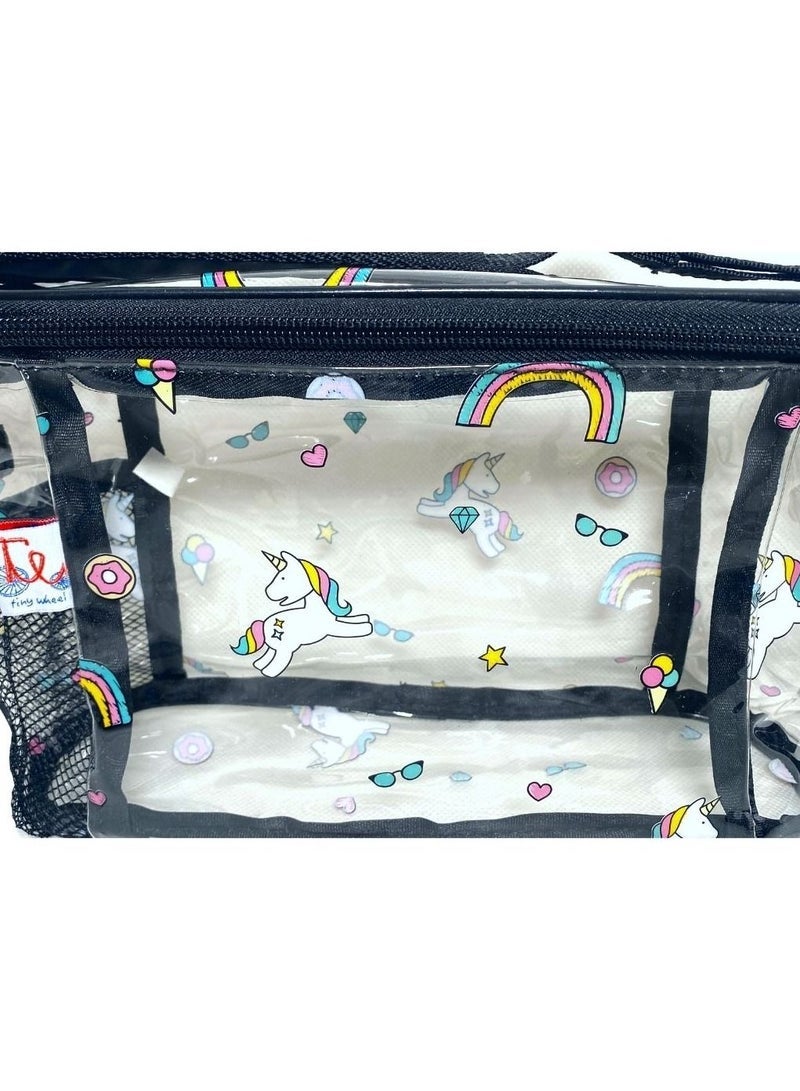 Tiny Wheel Kids Clear PVC Unicorn Lunch Bag Black, Transparent Meal Bag with Carrying Strap & Side Mesh Bottle Pocket, Easy to Clean for School - Image 2