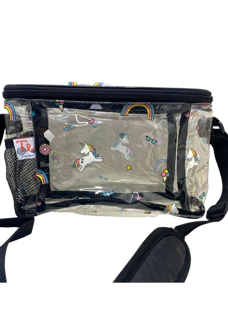 Tiny Wheel Kids Clear PVC Unicorn Lunch Bag Black, Transparent Meal Bag with Carrying Strap & Side Mesh Bottle Pocket, Easy to Clean for School - Image 1