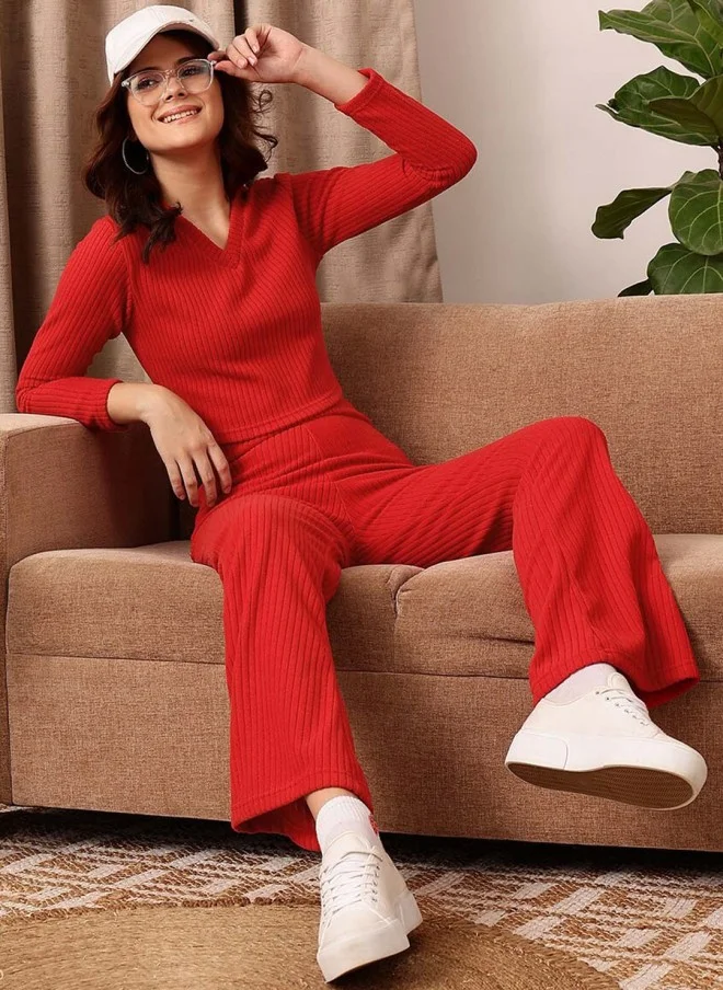 STREET 9 BASICS Red Knitted Bootcut Trousers for Women