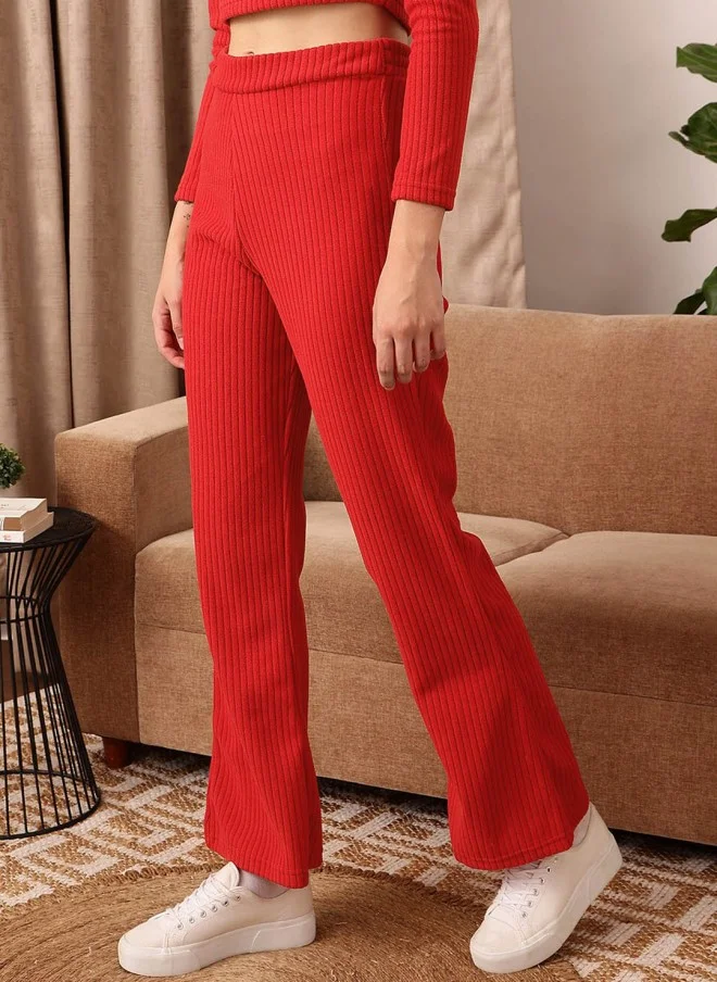 STREET 9 BASICS Red Knitted Bootcut Trousers for Women