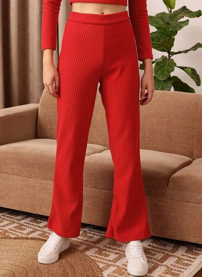 STREET 9 BASICS Red Knitted Bootcut Trousers for Women