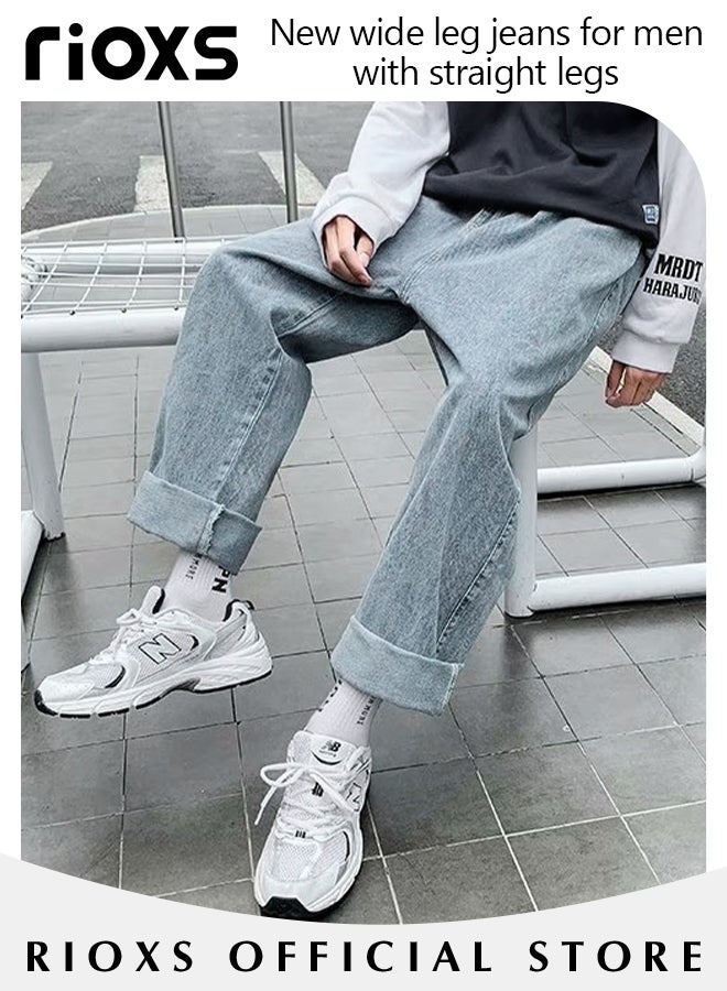 RIOXS Men's Casual Loose Jeans, Straight Leg Denim Pants, Stylish Trousers, Comfortable Straight-Fit Jeans, Elastic Waist Downstring Long Pants with 4 Pockets, Perfect for Everyday Wear - Image 2