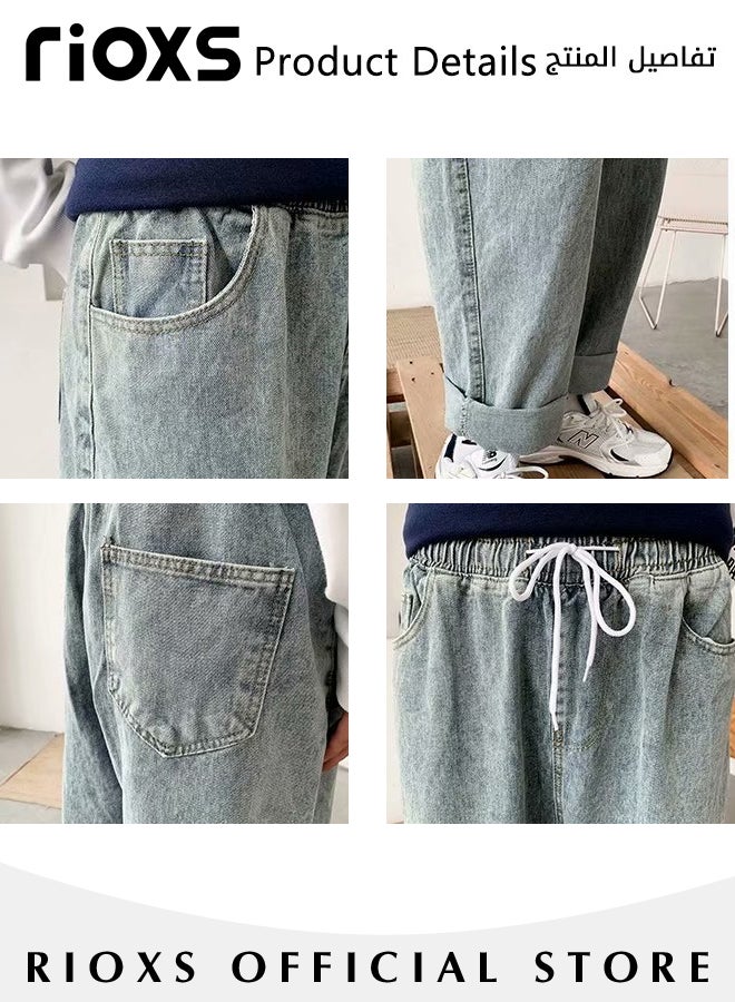 RIOXS Men's Casual Loose Jeans, Straight Leg Denim Pants, Stylish Trousers, Comfortable Straight-Fit Jeans, Elastic Waist Downstring Long Pants with 4 Pockets, Perfect for Everyday Wear - Image 5
