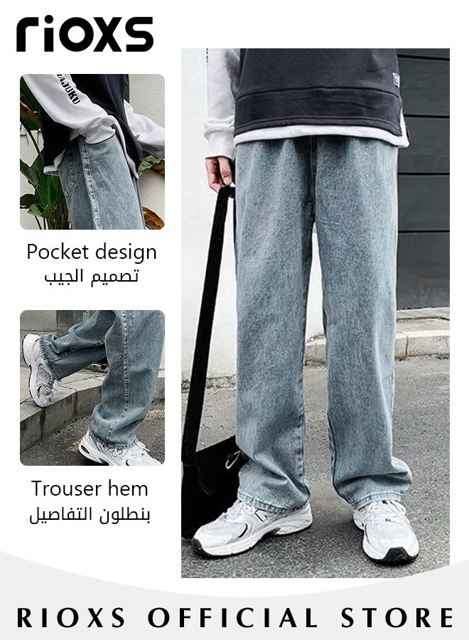 RIOXS Men's Casual Loose Jeans, Straight Leg Denim Pants, Stylish Trousers, Comfortable Straight-Fit Jeans, Elastic Waist Downstring Long Pants with 4 Pockets, Perfect for Everyday Wear - Image 4