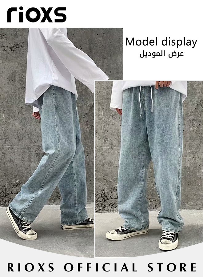 RIOXS Men's Casual Loose Jeans, Straight Leg Denim Pants, Stylish Trousers, Comfortable Straight-Fit Jeans, Elastic Waist Downstring Long Pants with 4 Pockets, Perfect for Everyday Wear - Image 3