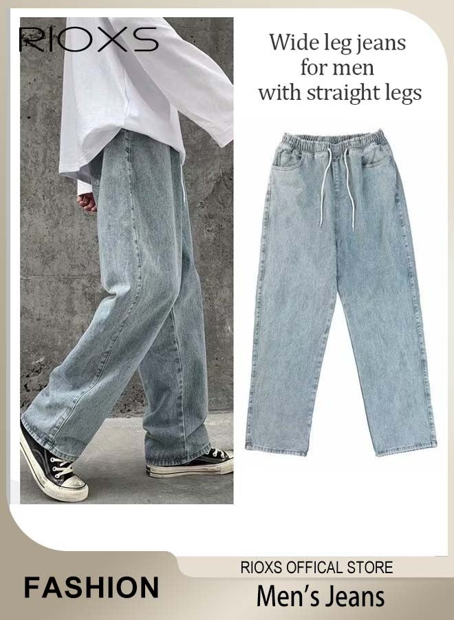 RIOXS Men's Casual Loose Jeans, Straight Leg Denim Pants, Stylish Trousers, Comfortable Straight-Fit Jeans, Elastic Waist Downstring Long Pants with 4 Pockets, Perfect for Everyday Wear - Image 1