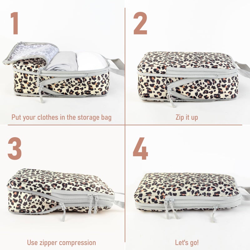 Lemoobolsa 4 Set Compression Packing Cubes For Travel Bags Organizer For Luggage Suitcase Organizer, Compression Bags For Travel Accessories Luggage Storage Set (4 Pcs, Brown Leopard) - Image 3