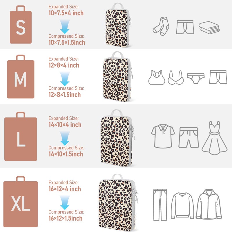 Lemoobolsa 4 Set Compression Packing Cubes For Travel Bags Organizer For Luggage Suitcase Organizer, Compression Bags For Travel Accessories Luggage Storage Set (4 Pcs, Brown Leopard) - Image 4