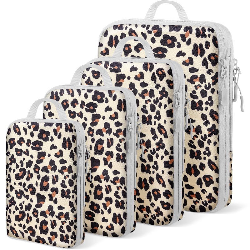 Lemoobolsa 4 Set Compression Packing Cubes For Travel Bags Organizer For Luggage Suitcase Organizer, Compression Bags For Travel Accessories Luggage Storage Set (4 Pcs, Brown Leopard) - Image 1