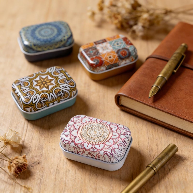 werdecade 8Pcs Mini Flower Tin Trinket Jewelry Organizer Storage Box Decorative Boxes Small Metal Tins with Hinged Lids Portable Box Containers Small Storage Kit (Bohemia) - Image 4