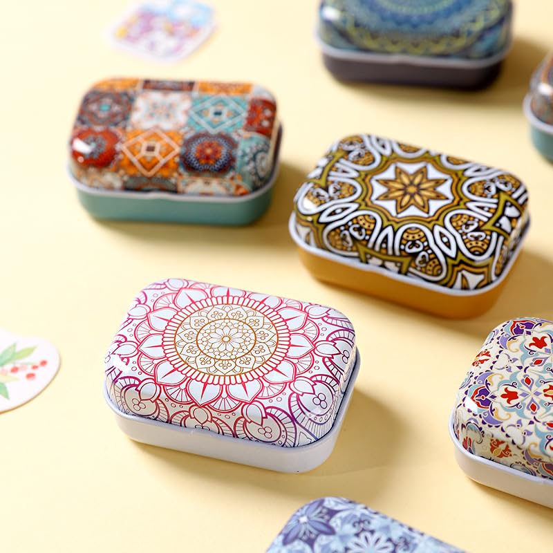 werdecade 8Pcs Mini Flower Tin Trinket Jewelry Organizer Storage Box Decorative Boxes Small Metal Tins with Hinged Lids Portable Box Containers Small Storage Kit (Bohemia) - Image 2